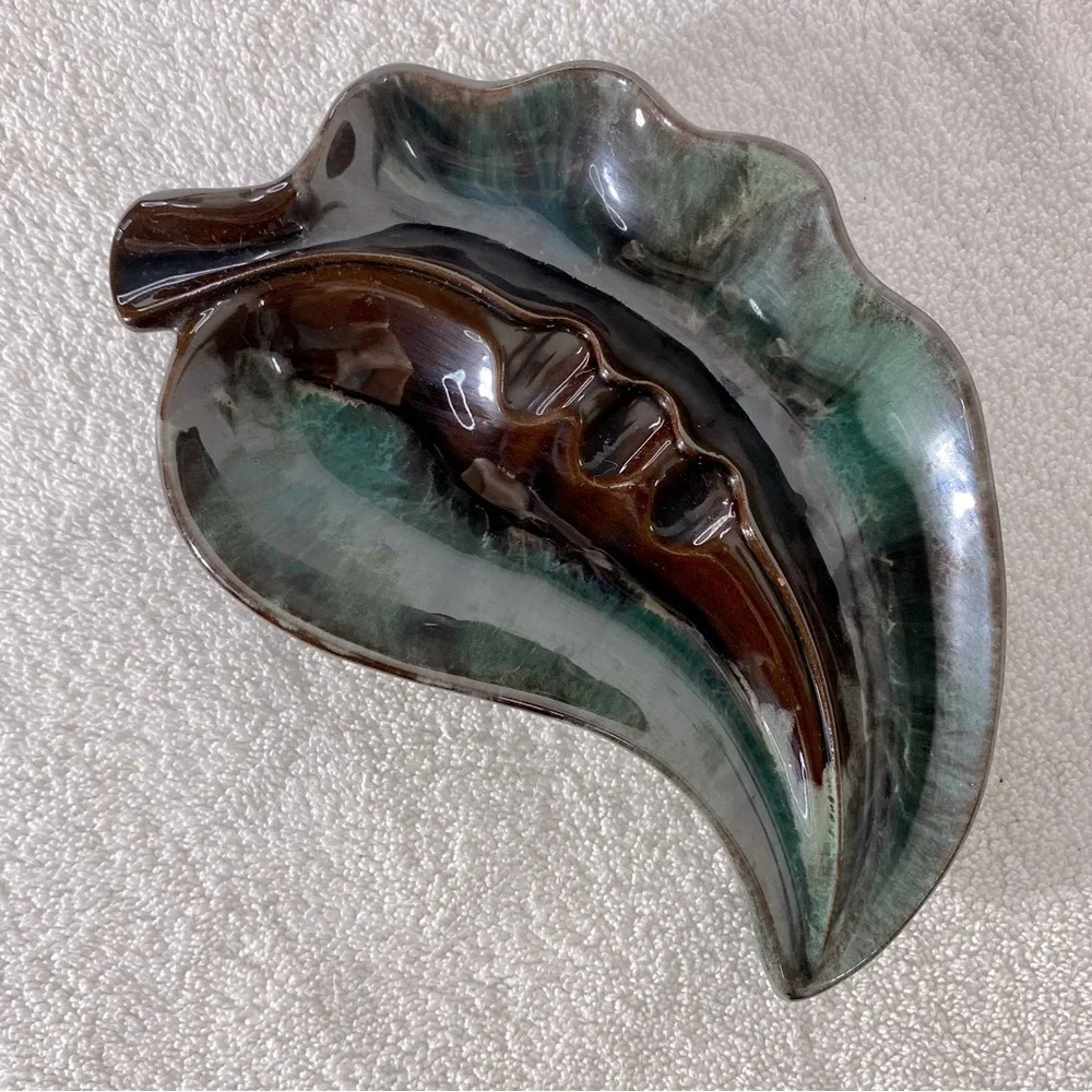 Vintage MCM McMaster Green Brown Ceramic  Pottery Art Leaf Ashtray Trinket Dish